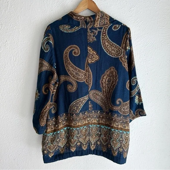Soft Surroundings Blue & Gold Paisley Kimono Cardigan Boho Sz S/M - Picture 5 of 7